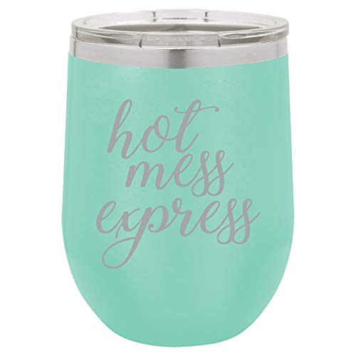 12 oz Double Wall Vacuum Insulated Stainless Steel Stemless Wine Tumbler Glass Coffee Travel Mug With Lid Hot Mess Express Funny (Teal)