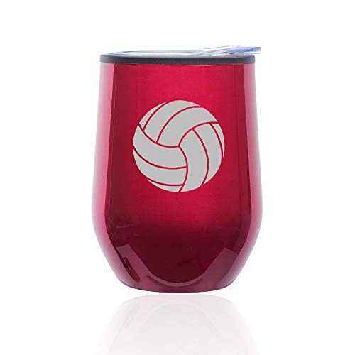 Stemless Wine Tumbler Coffee Travel Mug Glass With Lid Volleyball (Fuchsia)