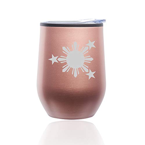 Stemless Wine Tumbler Coffee Travel Mug Glass With Lid Philippines Stars And Sun (Rose Gold)