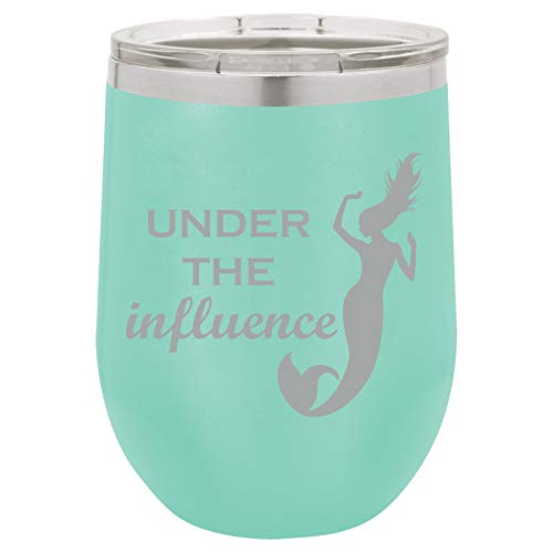 12 oz Double Wall Vacuum Insulated Stainless Steel Stemless Wine Tumbler Glass Coffee Travel Mug With Lid Under The Influence Mermaid Funny (Teal)