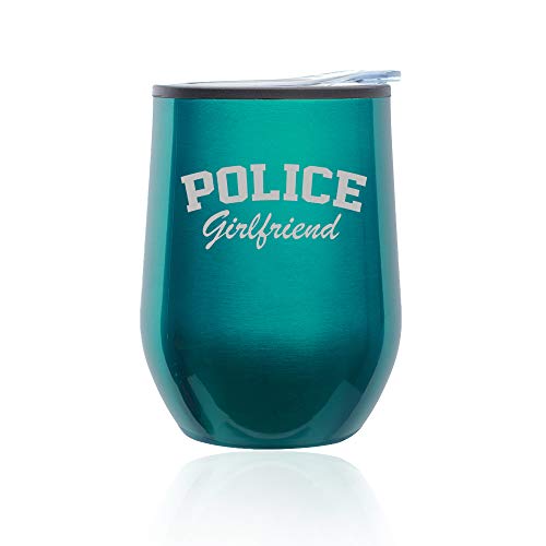 Stemless Wine Tumbler Coffee Travel Mug Glass With Lid Police Girlfriend (Turquoise Teal)