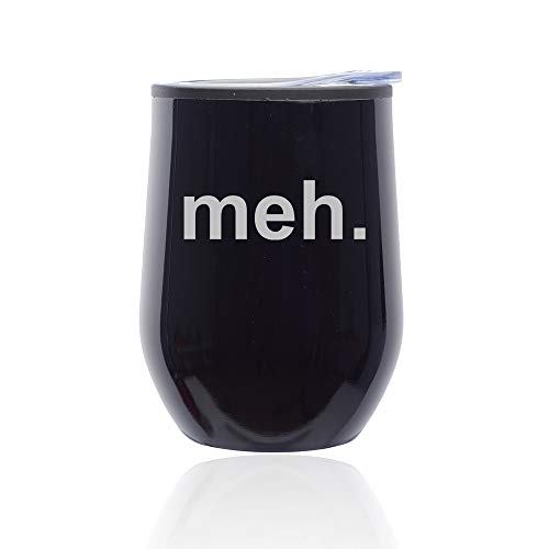 Stemless Wine Tumbler Coffee Travel Mug Glass With Lid Meh Geek Sarcastic Expression (Midnight Black)