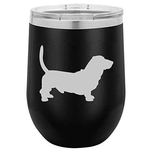 12 oz Double Wall Vacuum Insulated Stainless Steel Stemless Wine Tumbler Glass Coffee Travel Mug With Lid Basset Hound (Black)