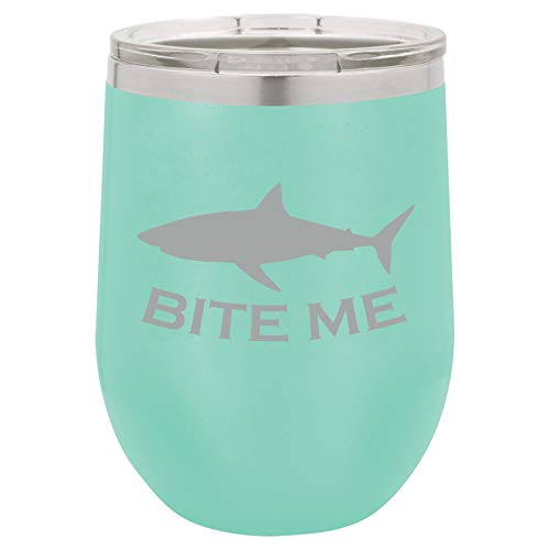 12 oz Double Wall Vacuum Insulated Stainless Steel Stemless Wine Tumbler Glass Coffee Travel Mug With Lid Bite Me Shark Funny (Teal)