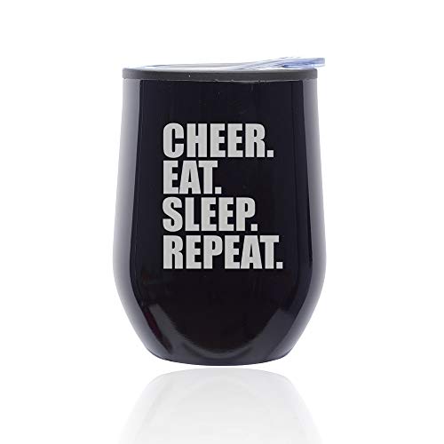 Stemless Wine Tumbler Coffee Travel Mug Glass With Lid Cheer Eat Sleep Repeat Cheerleader (Midnight Black)