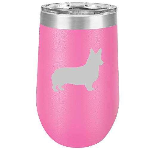 16 oz Double Wall Vacuum Insulated Stainless Steel Stemless Wine Tumbler Glass Coffee Travel Mug With Lid Corgi (Hot Pink)