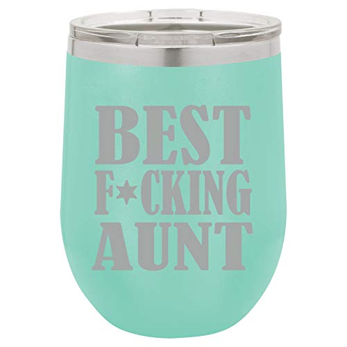 12 oz Double Wall Vacuum Insulated Stainless Steel Stemless Wine Tumbler Glass Coffee Travel Mug With Lid Best F cking Aunt (Teal)