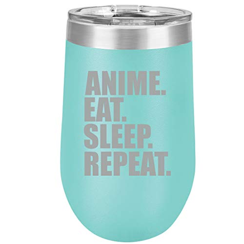 16 oz Double Wall Vacuum Insulated Stainless Steel Stemless Wine Tumbler Glass Coffee Travel Mug With Lid Anime Eat Sleep Repeat (Teal)