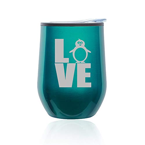 Stemless Wine Tumbler Coffee Travel Mug Glass With Lid Love Penguin (Turquoise Teal)