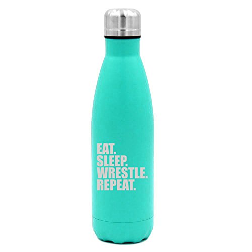 17 oz. Double Wall Vacuum Insulated Stainless Steel Water Bottle Travel Mug Cup Eat Sleep Wrestle Repeat (Light-Blue)