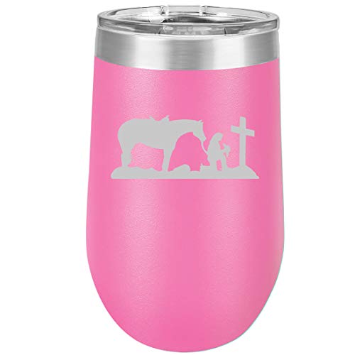 16 oz Double Wall Vacuum Insulated Stainless Steel Stemless Wine Tumbler Glass Coffee Travel Mug With Lid Cowgirl Praying Cross Horse (Hot Pink)