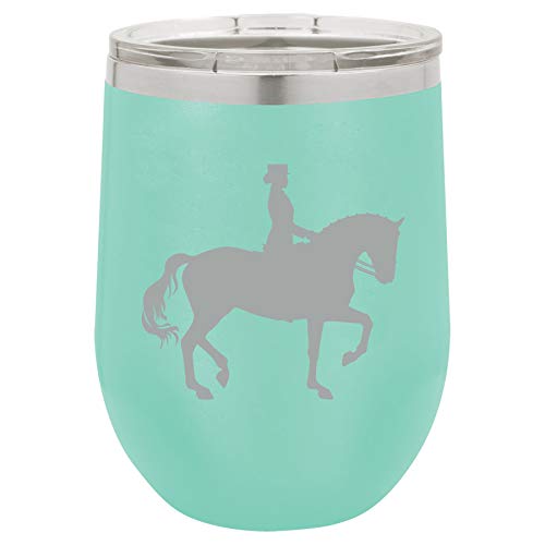 12 oz Double Wall Vacuum Insulated Stainless Steel Stemless Wine Tumbler Glass Coffee Travel Mug With Lid Dressage Horse With Rider (Teal)