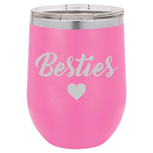 12 oz Double Wall Vacuum Insulated Stainless Steel Stemless Wine Tumbler Glass Coffee Travel Mug With Lid Besties Best Friend (Hot-Pink)