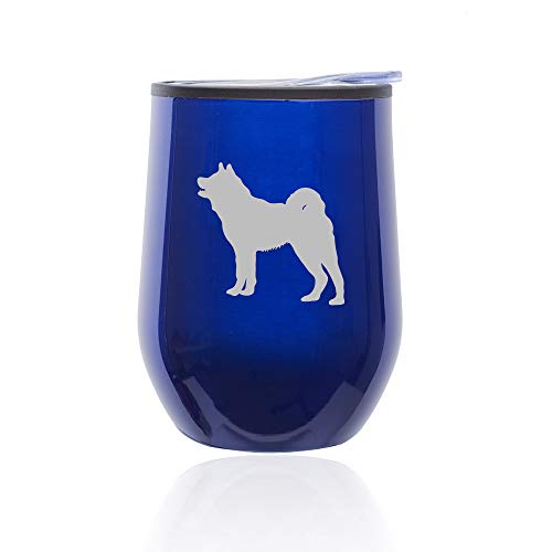 Stemless Wine Tumbler Coffee Travel Mug Glass With Lid Akita (Blue)