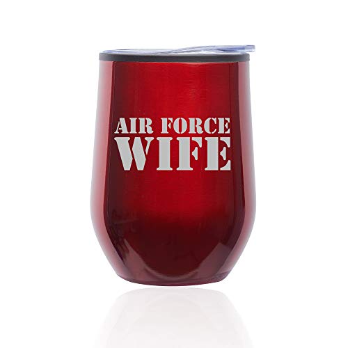 Stemless Wine Tumbler Coffee Travel Mug Glass With Lid Air Force Wife (Red)