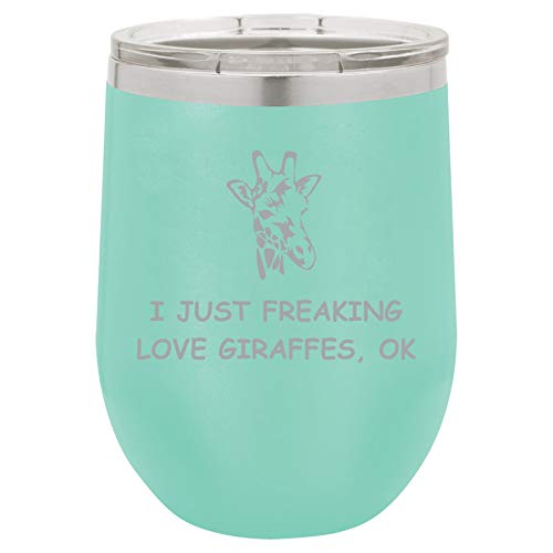 12 oz Double Wall Vacuum Insulated Stainless Steel Stemless Wine Tumbler Glass Coffee Travel Mug With Lid I Just Freaking Love Giraffes Funny (Teal)