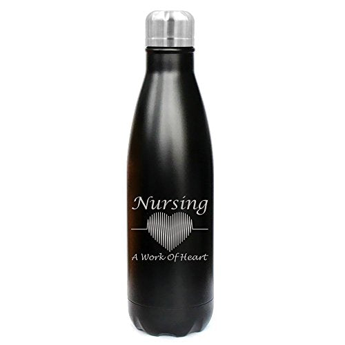 17 oz. Double Wall Vacuum Insulated Stainless Steel Water Bottle Travel Mug Cup Nursing A Work Of Heart Nurse (Black)