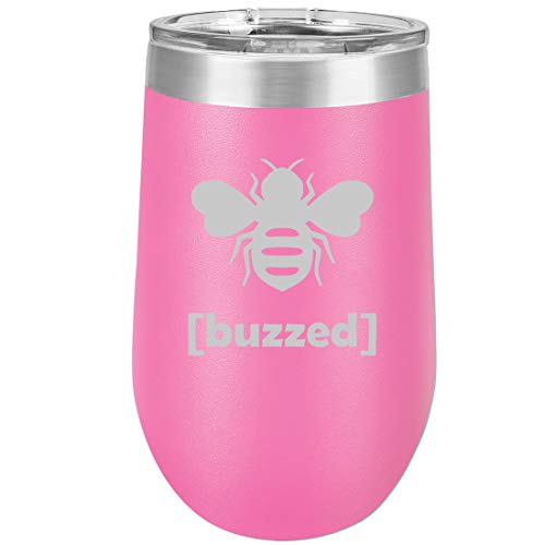 16 oz Double Wall Vacuum Insulated Stainless Steel Stemless Wine Tumbler Glass Coffee Travel Mug With Lid Buzzed Bee (Hot Pink)