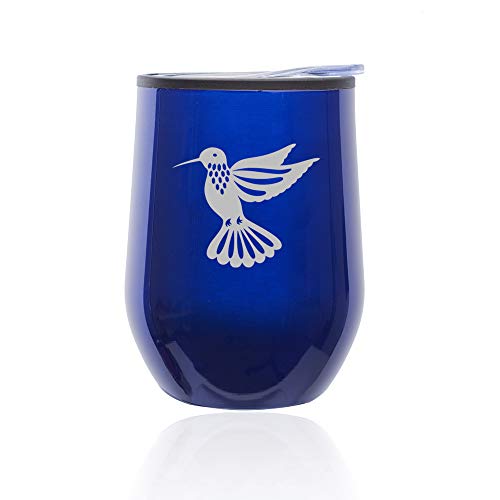 Stemless Wine Tumbler Coffee Travel Mug Glass With Lid Hummingbird (Blue)