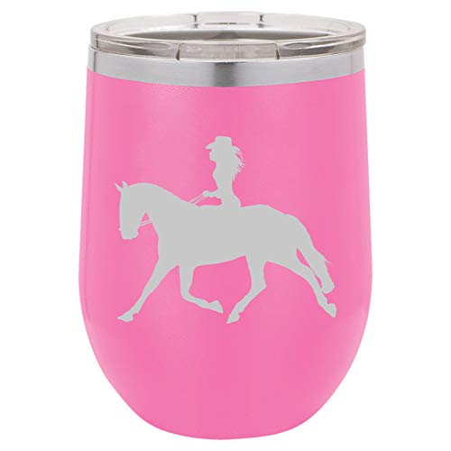 12 oz Double Wall Vacuum Insulated Stainless Steel Stemless Wine Tumbler Glass Coffee Travel Mug With Lid Cowgirl Riding Horse (Hot-Pink)