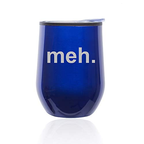 Stemless Wine Tumbler Coffee Travel Mug Glass With Lid Meh Geek Sarcastic Expression (Blue)