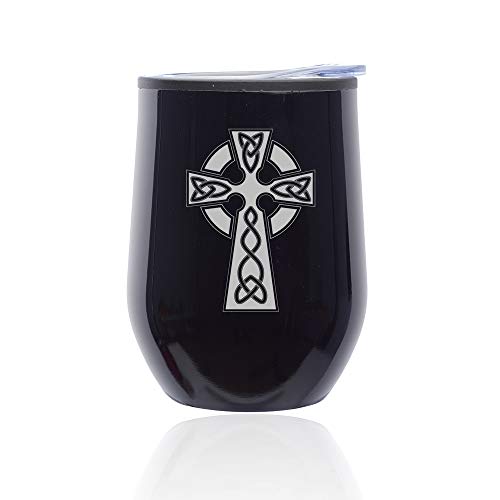 Stemless Wine Tumbler Coffee Travel Mug Glass With Lid Celtic Cross (Midnight Black)