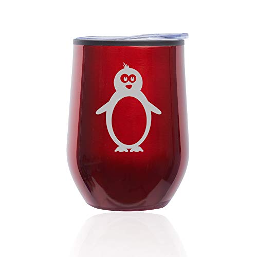 Stemless Wine Tumbler Coffee Travel Mug Glass With Lid Penguin (Red)