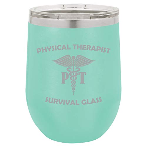 12 oz Double Wall Vacuum Insulated Stainless Steel Stemless Wine Tumbler Glass Coffee Travel Mug With Lid Physical Therapist PT Survival Glass Funny (Teal)