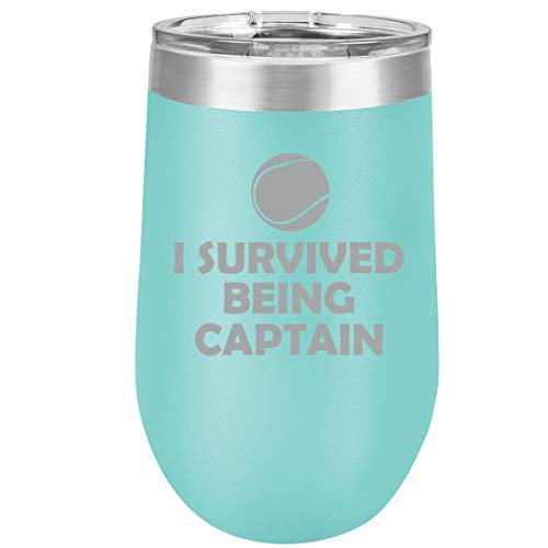 16 oz Double Wall Vacuum Insulated Stainless Steel Stemless Wine Tumbler Glass Coffee Travel Mug With Lid Tennis I Survived Being Captain (Teal)