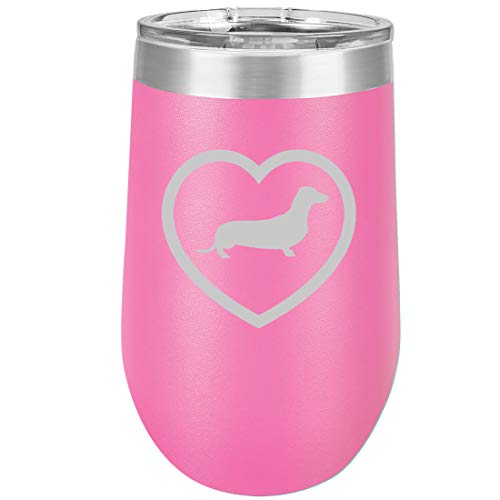 16 oz Double Wall Vacuum Insulated Stainless Steel Stemless Wine Tumbler Glass Coffee Travel Mug With Lid Dachshund Heart (Hot Pink)