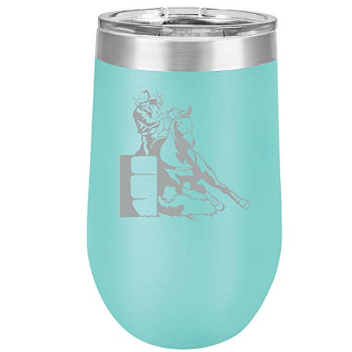 16 oz Double Wall Vacuum Insulated Stainless Steel Stemless Wine Tumbler Glass Coffee Travel Mug With Lid Female Barrel Racing Cowgirl (Teal)