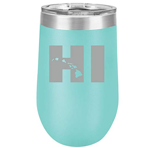 16 oz Double Wall Vacuum Insulated Stainless Steel Stemless Wine Tumbler Glass Coffee Travel Mug With Lid HI Hawaiian Islands Hawaii (Teal)