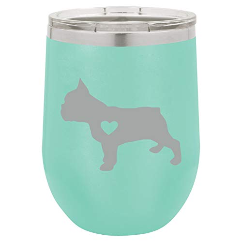 12 oz Double Wall Vacuum Insulated Stainless Steel Stemless Wine Tumbler Glass Coffee Travel Mug With Lid Cute French Bulldog With Heart (Teal)