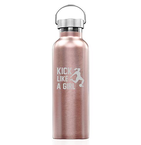 Rose Gold Double Wall Vacuum Insulated Stainless Steel Tumbler Travel Mug Kick Like A Girl Soccer (25 oz Water Bottle)