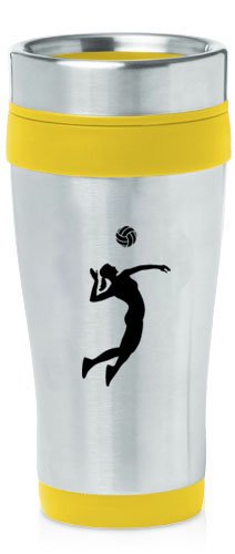 Yellow 16oz Insulated Stainless Steel Travel Mug Z969 Female Volleyball Player