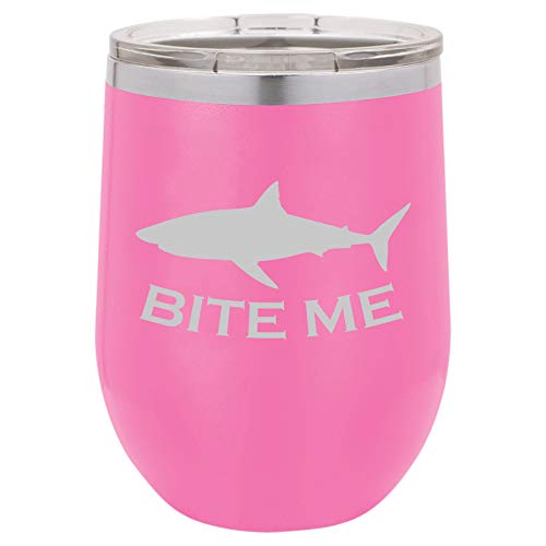 12 oz Double Wall Vacuum Insulated Stainless Steel Stemless Wine Tumbler Glass Coffee Travel Mug With Lid Bite Me Shark Funny (Hot Pink)