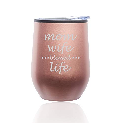 Stemless Wine Tumbler Coffee Travel Mug Glass With Lid Mom Wife Blessed Life Mother (Rose Gold)