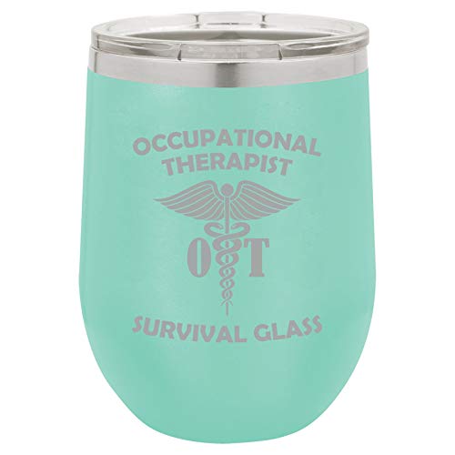 12 oz Double Wall Vacuum Insulated Stainless Steel Stemless Wine Tumbler Glass Coffee Travel Mug With Lid Occupational Therapist OT Survival Glass Funny (Teal)