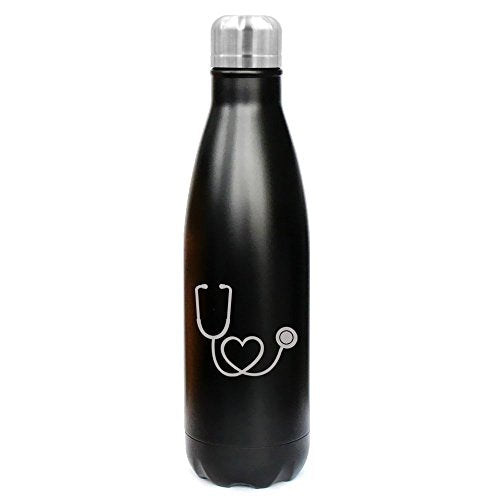 17 oz. Double Wall Vacuum Insulated Stainless Steel Water Bottle Travel Mug Cup Heart Stethoscope Nurse Doctor (Black)