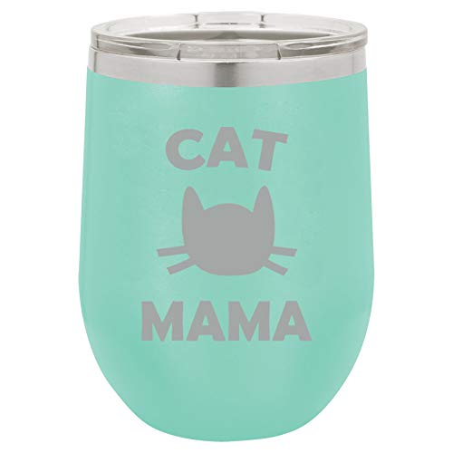 12 oz Double Wall Vacuum Insulated Stainless Steel Stemless Wine Tumbler Glass Coffee Travel Mug With Lid Cat Mama (Teal)