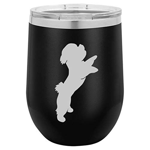 12 oz Double Wall Vacuum Insulated Stainless Steel Stemless Wine Tumbler Glass Coffee Travel Mug With Lid Bichon Frise (Black)