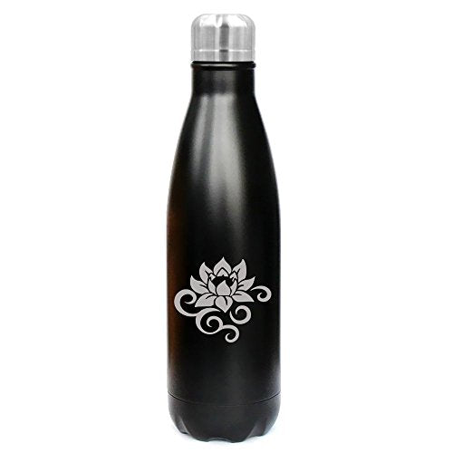 17 oz. Double Wall Vacuum Insulated Stainless Steel Water Bottle Travel Mug Cup Lotus Flower Scroll (Black)