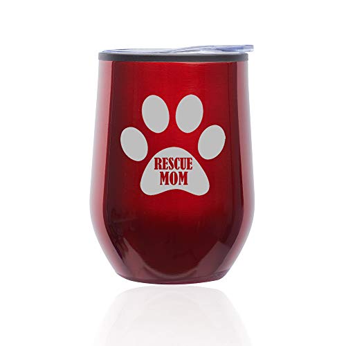 Stemless Wine Tumbler Coffee Travel Mug Glass With Lid Paw Print Rescue Mom (Red)