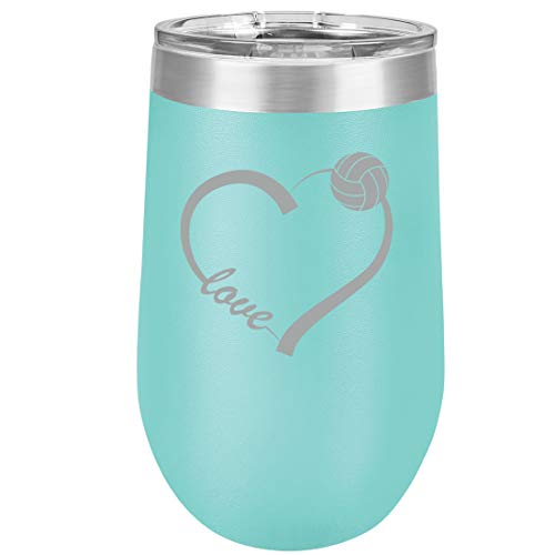 16 oz Double Wall Vacuum Insulated Stainless Steel Stemless Wine Tumbler Glass Coffee Travel Mug With Lid Love Heart Volleyball (Teal)