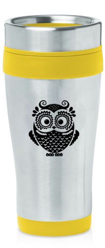 Yellow 16oz Insulated Stainless Steel Travel Mug Z2337 Owl Vintage