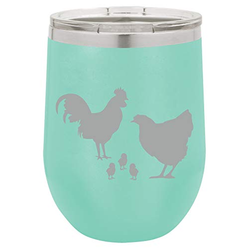 12 oz Double Wall Vacuum Insulated Stainless Steel Stemless Wine Tumbler Glass Coffee Travel Mug With Lid Chicken Family (Teal)