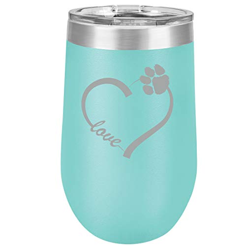 16 oz Double Wall Vacuum Insulated Stainless Steel Stemless Wine Tumbler Glass Coffee Travel Mug With Lid Love Heart Paw Animals (Teal)