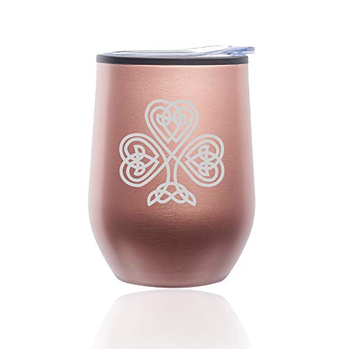 Stemless Wine Tumbler Coffee Travel Mug Glass With Lid Celtic Clover Shamrock (Rose Gold)