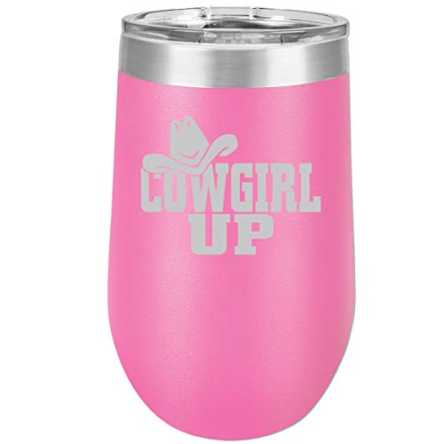 16 oz Double Wall Vacuum Insulated Stainless Steel Stemless Wine Tumbler Glass Coffee Travel Mug With Lid Cowgirl Up With Hat (Hot Pink)