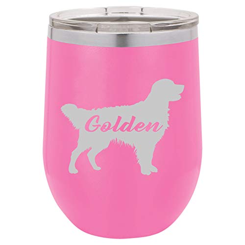 12 oz Double Wall Vacuum Insulated Stainless Steel Stemless Wine Tumbler Glass Coffee Travel Mug With Lid Golden Retriever 'Golden' (Hot-Pink)